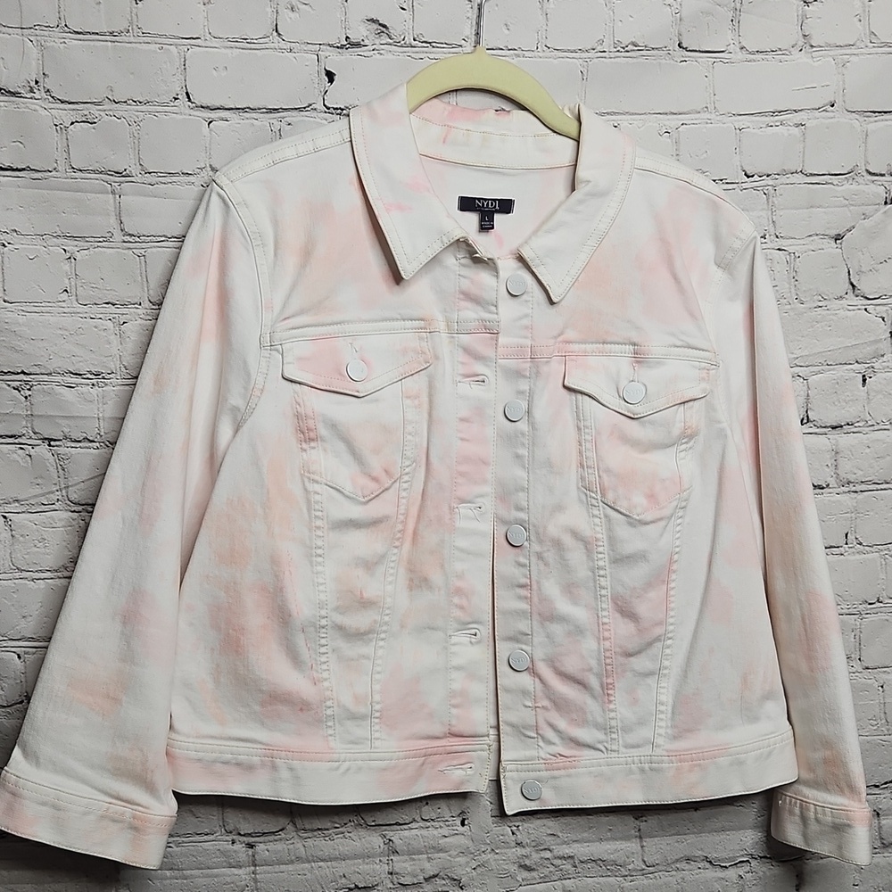 NYDJ Women's White/pink Tie-Dye Denim Jacket Size Large EUC